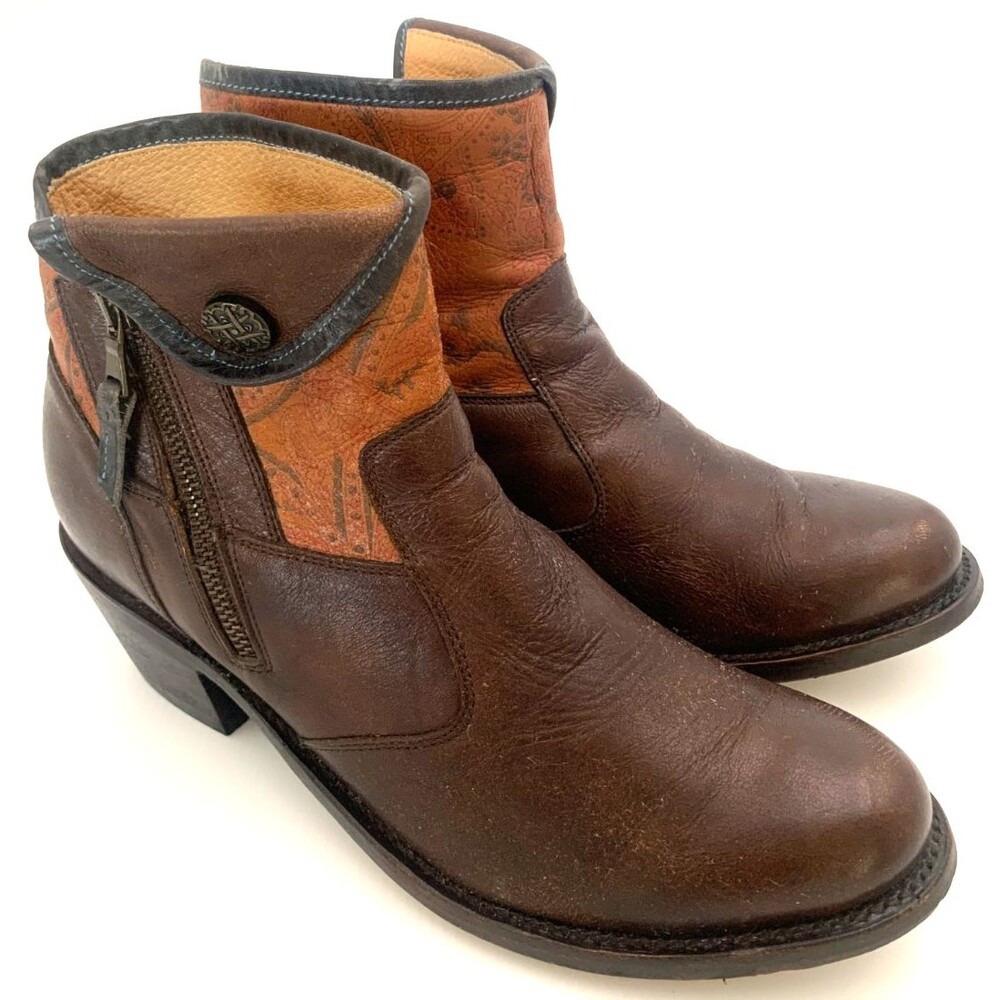 J.B. Dillon Brown Leather Western Ankle Boots Womens Size 8.5B Zip Cowgirl Boho